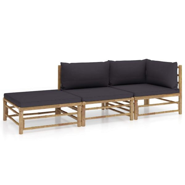 vidaXL 3-tlg. Garten-Lounge-Set mit Dunkelgrauen Kissen Bambus, 3058246