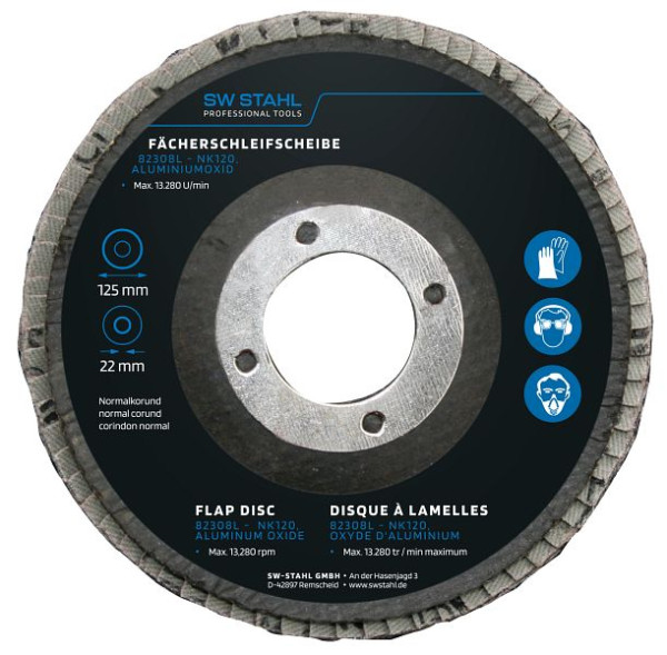 SW-Stahl Fächerschleifscheibe, Aluminiumoxid, 125 mm, NK120, VE: 10 Stück, 82308L