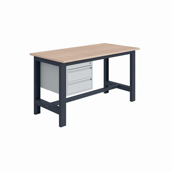 SOFAME SI Werkbank, B 1500 x T 750 x H 840mm, Multiplex-Arbeitsplatte 40 mm mit Unterbau 2 Schubladen H150mm, Himmelblau RAL 5015, W010010672BI