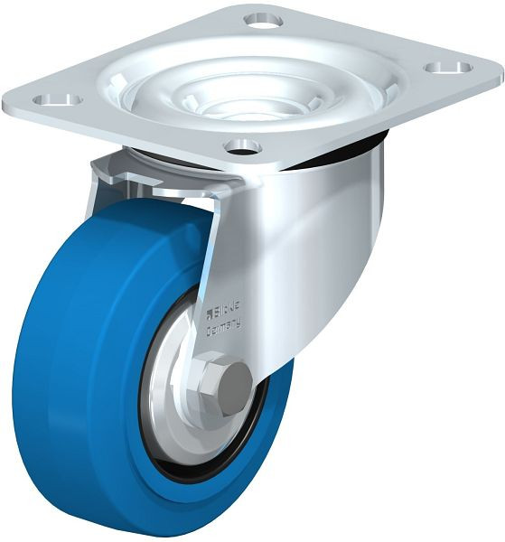 Blickle LE-POEV 80R-SB-FA Stahlblech-Lenkrolle mit Anschraubplatte, Elastik-Vollgummi, Blau, 749660