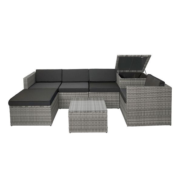 Mendler Poly-Rattan-Garnitur HWC-D21, Balkon-/Garten-/Lounge-Set Sofa Sitzgruppe, Box Staufach, grau, Kissen dunkelgrau, 76300+76301+76302