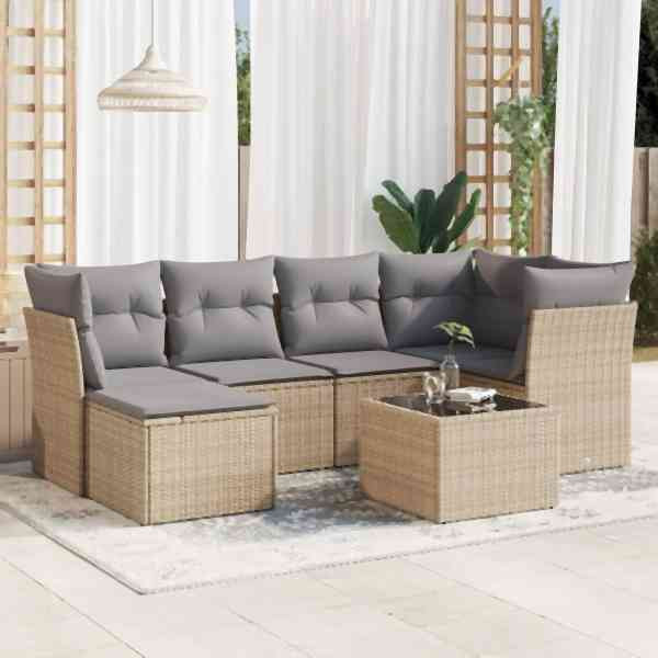 vidaXL 7-tlg. Garten-Sofagarnitur mit Kissen Beige Poly Rattan, UV-beständig, 3217959