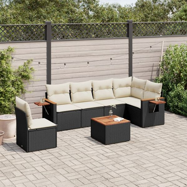 vidaXL 7-teilig Garten-Sofagarnitur mit Kissen Schwarz Poly Rattan, 3226861