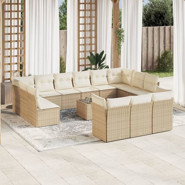 vidaXL 14-teilig Garten-Sofagarnitur mit Kissen Beige Poly Rattan, 3218458