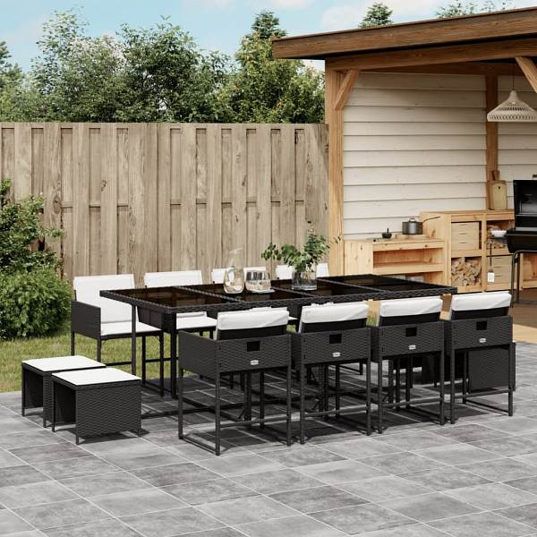 vidaXL 13-tlg. Garten-Essgruppe mit Kissen Schwarz Poly Rattan, UV-beständig, 3278105