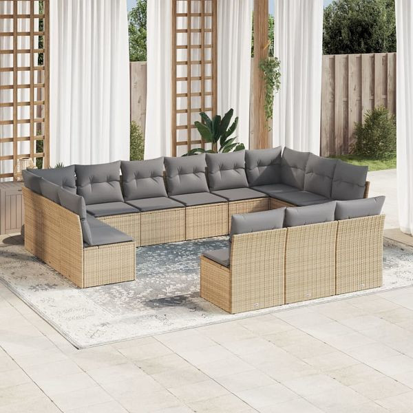 vidaXL 13-teilig Garten-Sofagarnitur mit Kissen Beige Poly Rattan, 3218389
