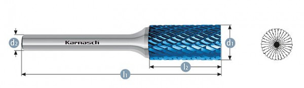 Karnasch Hartmetall-Frässtift Blue-Tec beschichtet ZYB/ HP-3 d1=25,0 / l2=25 / d2=8 / l1=70mm, 115011140