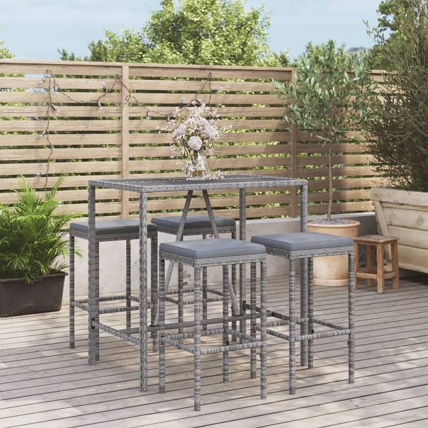vidaXL 5-tlg. Gartenbar-Set mit Kissen Grau Poly Rattan, 3187634