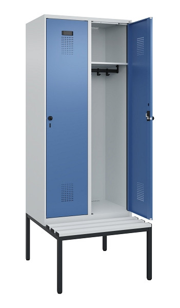 C+P Spind Evolo PLUS, 2 Abteile, 2120x800x815mm, 7035/5023, Haken 4, Drehriegel, Sitzfläche Kunststoff, Sitzbank, 0490507-22 S10062