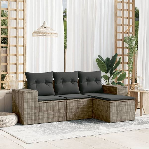 vidaXL 4-teilig Garten-Sofagarnitur mit Kissen Grau Poly Rattan, 3254807