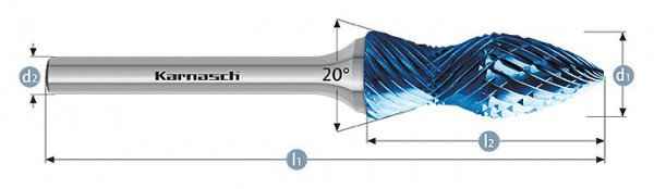 Karnasch Hartmetall-Frässtift Blue-Tec beschichtet d1= 12,0 / l2= 35 / d2= 6 / l1= 80mm Combi+Curve, 116024100