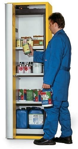 asecos Gefahrstoffschrank GF-601, 600 mm, 3 Einlegeböden, Falttür rechts, gelb, 3023400230249