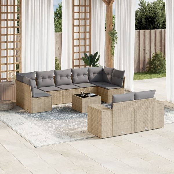 vidaXL 10-teilig Garten-Sofagarnitur mit Kissen Beige Poly Rattan, 3255366