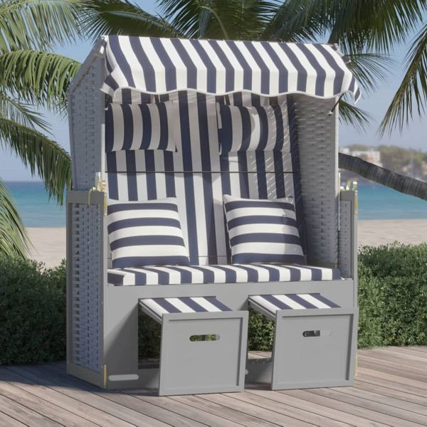 vidaXL Strandkorb mit Kissen Poly Rattan und Massivholz Blau & Weiß, 318660