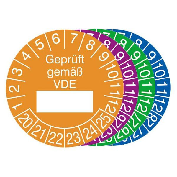 Stein HGS Prüfplaketten mit Jahresfarbe (6 Jahre), 2023-2028 / blau, Modell: Geprüft gemäß VDE, Menge: 500er-Rolle, 31.0807-23