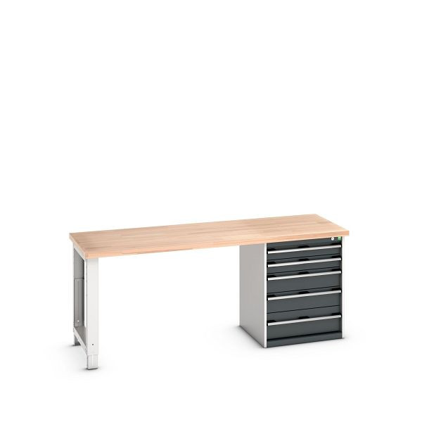 bott cubio Werkbank mit Schubladenschrank 5 Schubladen, Fuß, Rotbuche-Platte, BxTxH: 2000x750x840mm, Rotbuche RAL 7035/7016, 41003454.19V