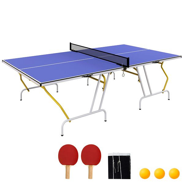 SPORTNOW Tischtennisplatte, klappbar, inkl. 2 Schläger, 3 Bälle, Netz, Indoor, Metallgestell, 274x152x76cm, Blau, A90-352V00BU