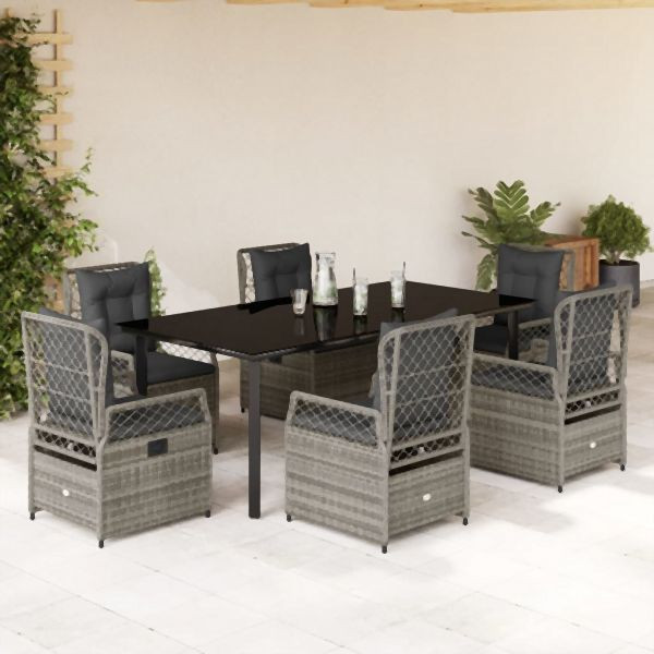 vidaXL 7-tlg. Garten-Essgruppe mit Kissen Grau Poly Rattan, 3262997
