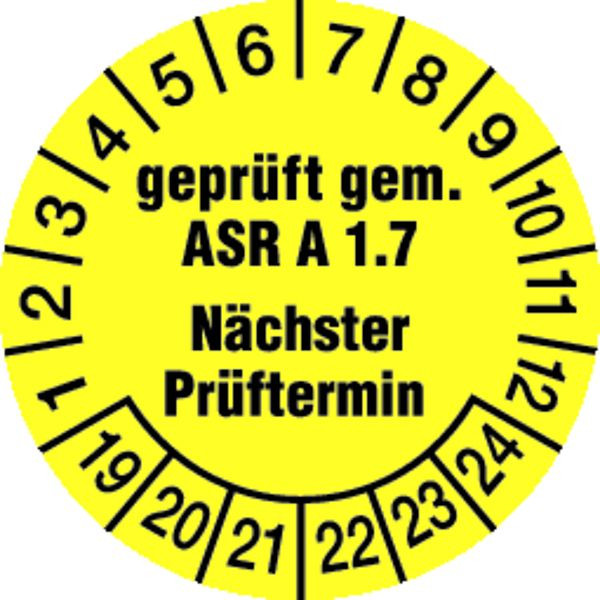 Schilder Klar Prüfetikett geprüft gem.ASR A1.7 (alte Norm: GUV-R 1/494) gelb/schwarz ab 23, 30 mm Folie selbstklebend, VE: 40 Stück, 8/62.23