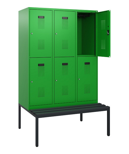 C+P Doppelstöckiger Spind Evolo PLUS, Bank, 6 Fächer, 1950x1200x815mm, 6037/6037, Zylinderschloss, Sitzfläche Kunststoff, Sitzbank, 0493505-32 S10161