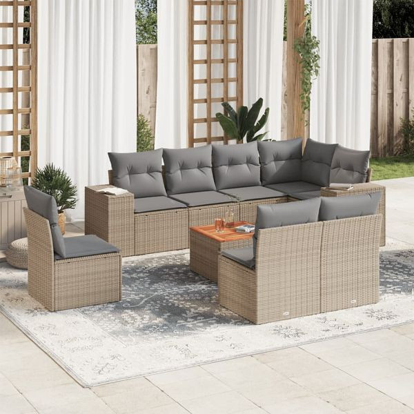vidaXL 9-teilig Garten-Sofagarnitur mit Kissen Beige Poly Rattan, 3225485