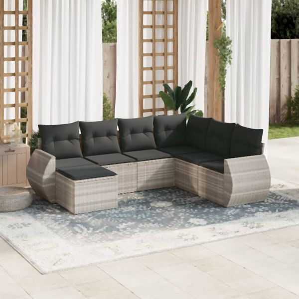 vidaXL 7-tlg. Garten-Sofagarnitur mit Kissen Hellgrau Poly Rattan, 3221701