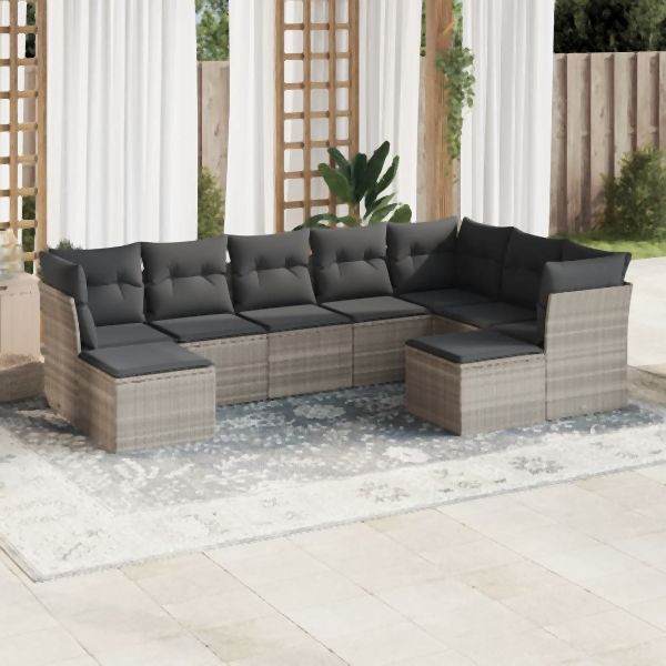vidaXL 9-tlg. Garten-Sofagarnitur mit Kissen Hellgrau Poly Rattan, 3218572