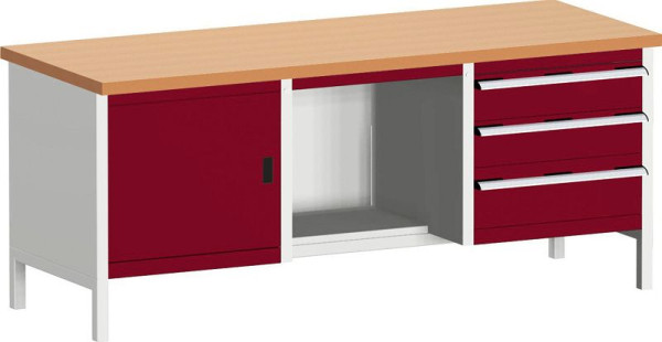 bott cubio Kastenwerkbank mit 3 Schubladen Türe, 2 Ablagen, Rotbuche-Arbeitsplatte BxTxH: 2000 x 750 x 840 mm, RAL 7035/3004, 41002071.24V