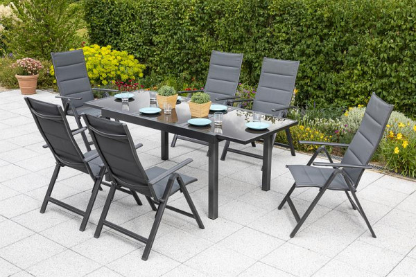 Merxx Taviano Set 7-teilig, 6 Klappsessel, Rückenlehne 5-fach verstellbar, gepadded, 1 Ausziehtisch, 140 (200) x 90 cm, graphit/grau, 50259-207