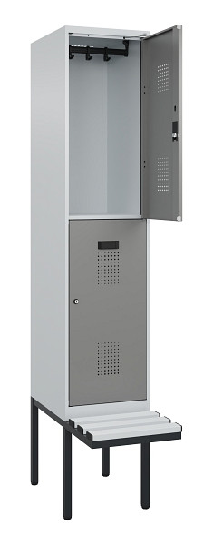 C+P Doppelstock-Spind Evolo PLUS, Bank, 2 Fächer, 2120x400x815mm, 7035/0004, Zylinderschloss, Sitzfläche Kunststoff, 0493407-12 S10122