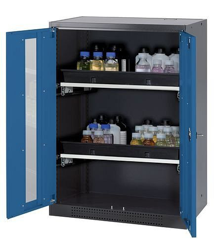 asecos Chemikalienschrank Systema-T CS-82G, Korpus anthrazit, Flügeltüren blau, 2 Tablarauszüge, 208694