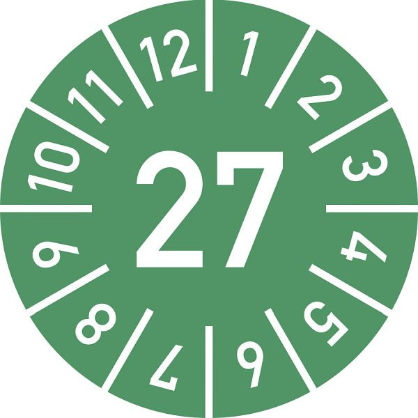 Moedel Prüfplakette Jahr 27 mit Monaten, grün, Folie, Ø 10 mm, VE: 10 Stück/Bogen, 106032