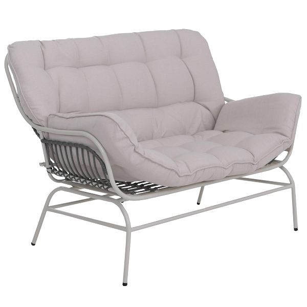 Mendler 2er-Sofa HWC-P75, Gartensofa Gartenbank Couch 2-Sitzer, Stoff 220g/m² Poly-Rattan Metall, hellgrau, Polster beige, 119739