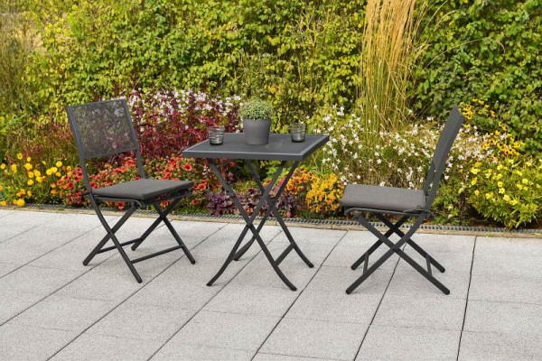 Merxx Samos Set 5-teilig, 2 Klappstühle, inkl. graue Kissen, 1 Tisch 60 x 60 cm, Stahlgeflecht, 50173-800