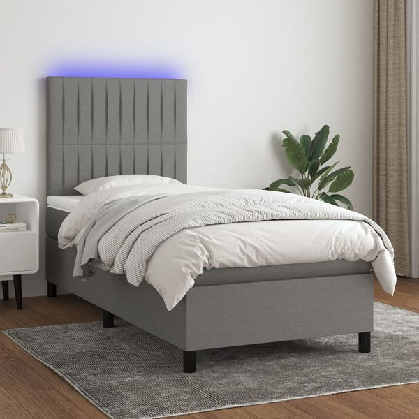 vidaXL Boxspringbett mit Matratze & LED Dunkelgrau 90x200 cm Stoff, 3135006