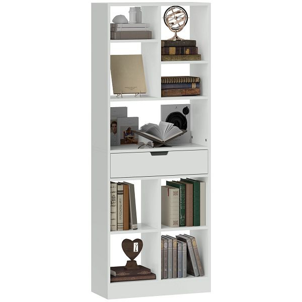 HOMCOM Bücherregal, Mehrzweckregal, 9 Fächer, Schublade, Kippschutz, 60 x 26 x 158 cm, Weiß, 836-546V91WT