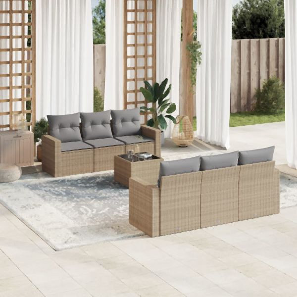 vidaXL 7-tlg. Garten-Sofagarnitur mit Kissen Beige Poly Rattan, 3251046