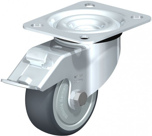 Blickle LE-TPA 80K-FI-FK Stahlblech-Lenkrolle mit Anschraubplatte & Feststeller, Thermoplastisches Gummi-Elastomer, Grau, 626218