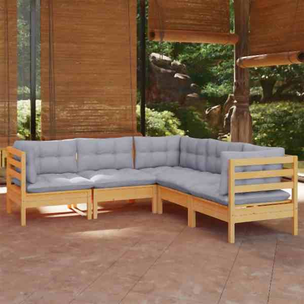 vidaXL 5-tlg. Garten-Lounge-Set mit Grauen Kissen Kiefer Massivholz, 3096670