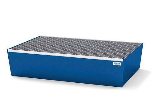 DENIOS Auffangwanne classic-line für 2 Fässer, Stahl blau lackiert, Gitterrost, B 1236 mm, 259304