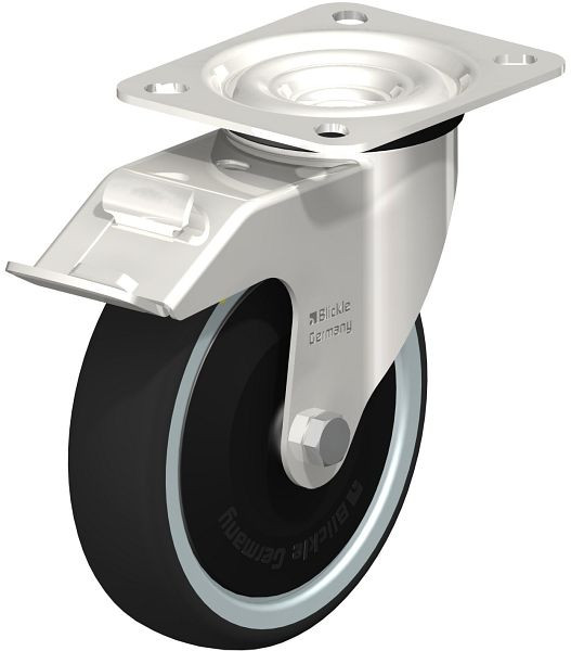 Blickle LEX-PATH 125KD-FI-ELS-FK Edelstahl-Lenkrolle mit Anschraubplatte & Feststeller, Thermoplastisches Polyurethan, Grau, 853676