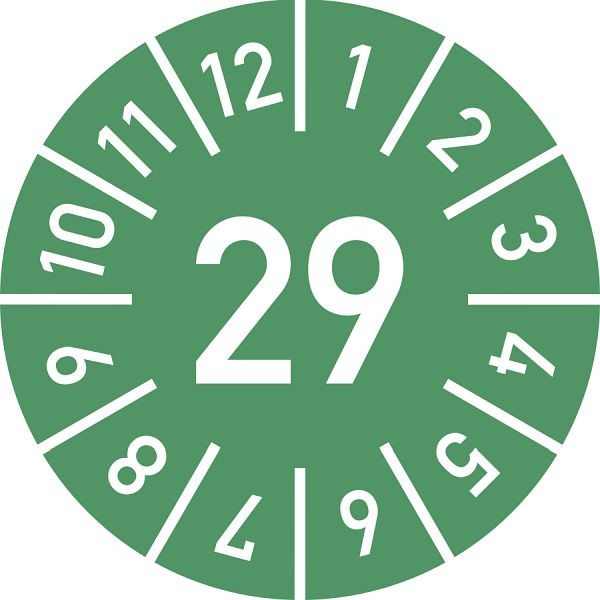 Moedel Prüfplakette Jahr 29 mit Monaten, grün, Folie, Ø 30 mm, VE: 10 Stück/Bogen, 108365