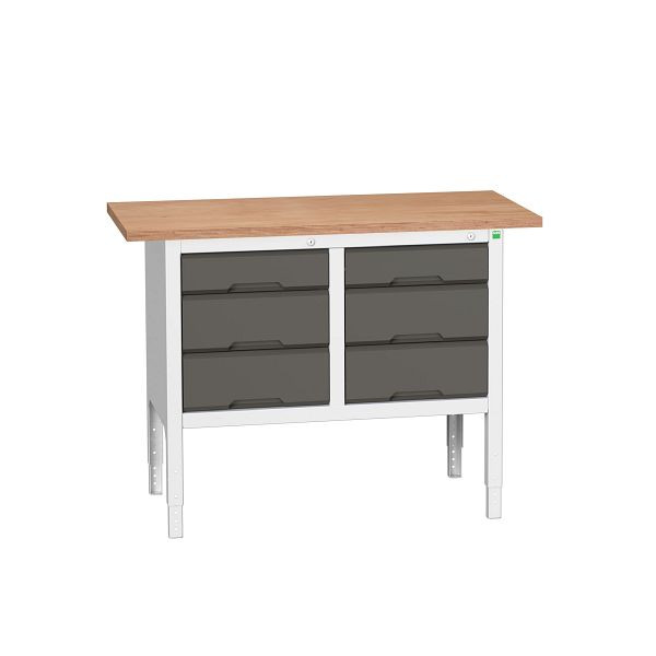 bott verso Kastenwerkbank mit einstellbarer Arbeitshöhe und Schubladenschrank mit 3 Schubladen, 1250x600x830-930mm, Lichtgrau/Anthrazitgrau, 16923004.19