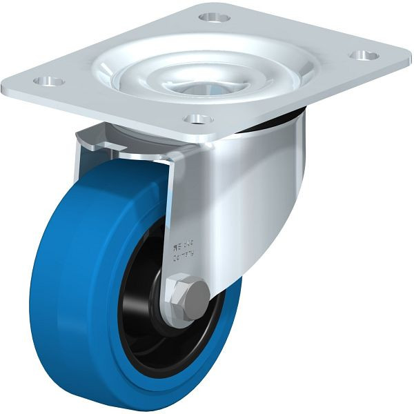 Blickle LK-POEV 100XR-3-SB Stahlblech-Lenkrolle, schwere Ausführung, mit Anschraubplatte, Elastik-Vollgummi, Blau, 851003