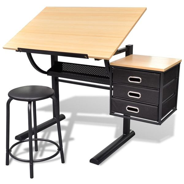 vidaXL Zeichentisch mit neigbarer Tischplatte 3 Schubladen und Hocker, 20088
