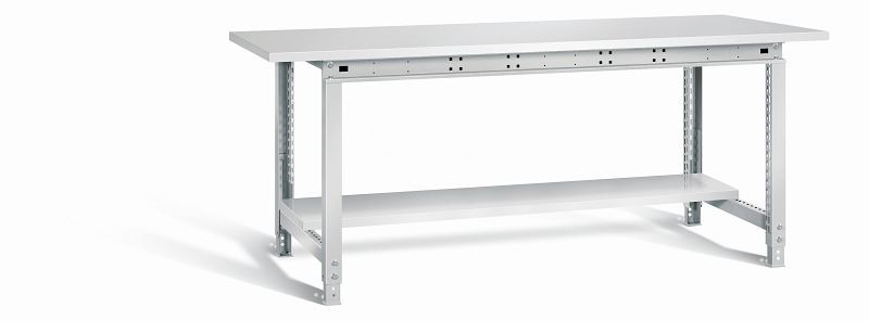 Otto Kind Werktisch allrounder, höhenverstellbar, Melamin-Platte 28 mm, überstehend, 2 Fußgestelle, Stahlblechboden, komplett RAL 7035, 072335017