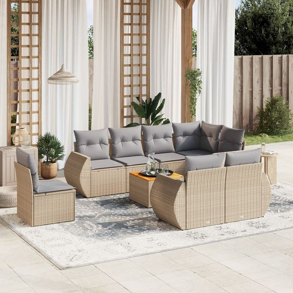 vidaXL 9-teilig Garten-Sofagarnitur mit Kissen Beige Poly Rattan, 3257431