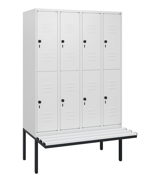 C+P Doppelstöckiger Spind Classic PLUS, 4 Abteile, 1950x1200x815mm, 9016/9016, Drehriegel, mit Untergestell und schwebender Sitzfläche, 0803405-40 S10074