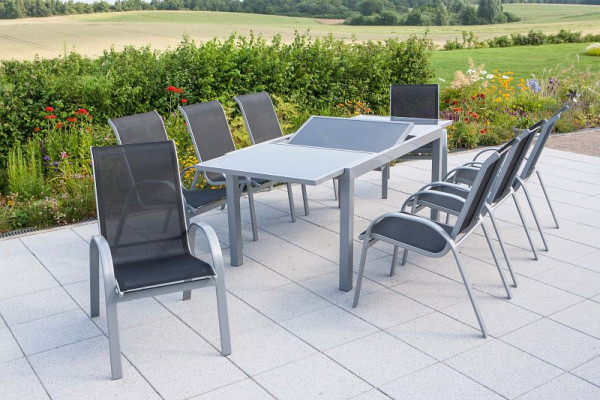 Merxx Amalfi Set 9-teilig, 8 Amalfi Stapelsessel, 1 Ausziehtisch 160 (220) x 90 cm, graue Glasplatte, Silber/schwarz, 50341-317