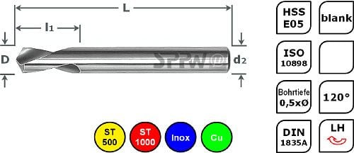 SPPW NC-Anbohrer HSS-E05 120° ISO Links L: 50x10 - Ø3,0, 1233200300